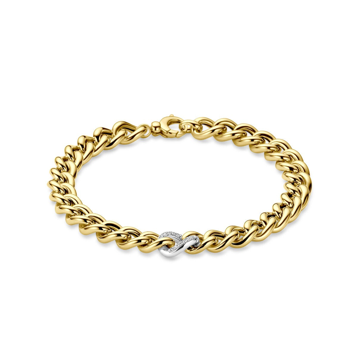 Pulsera bicolor de oro amarillo y blanco de 14k con un detalle de diamante.