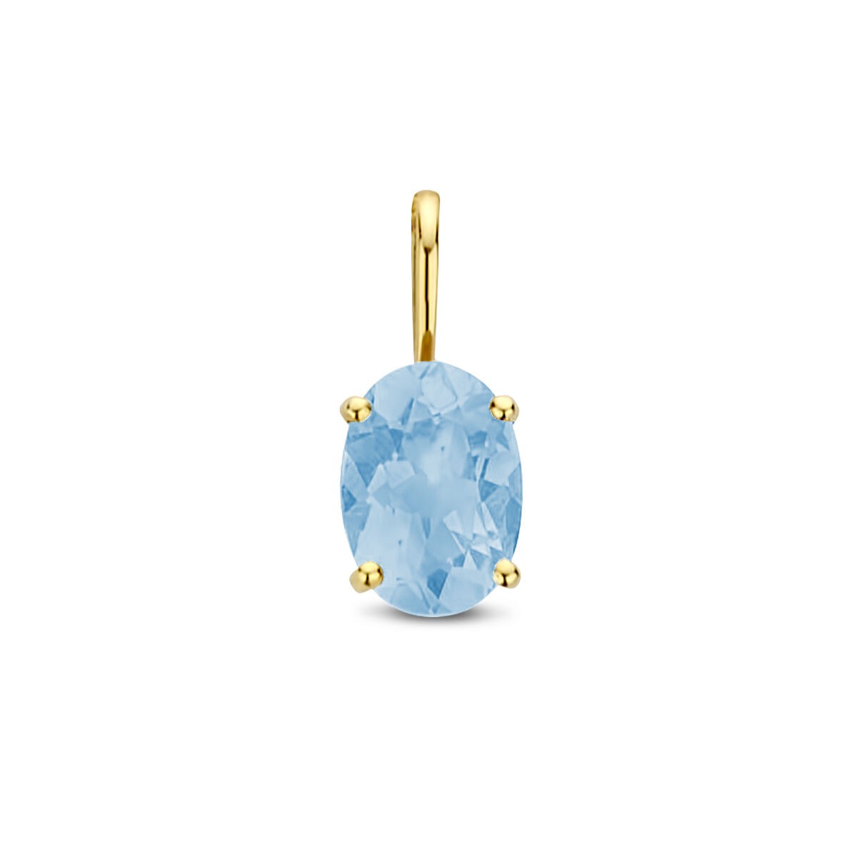 Colgante de oro amarillo de 14k con topacio azul ovalado, engastado en cuatro garras.