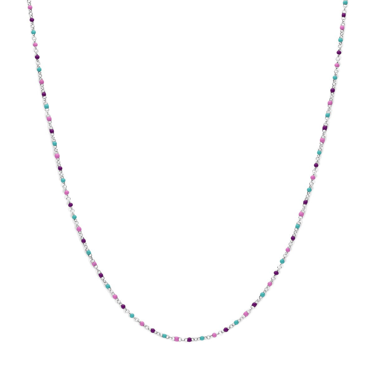 Collar infantil de plata rodiada con bolitas de esmalte en colores rosa, azul y morado, de 36-40 cm.