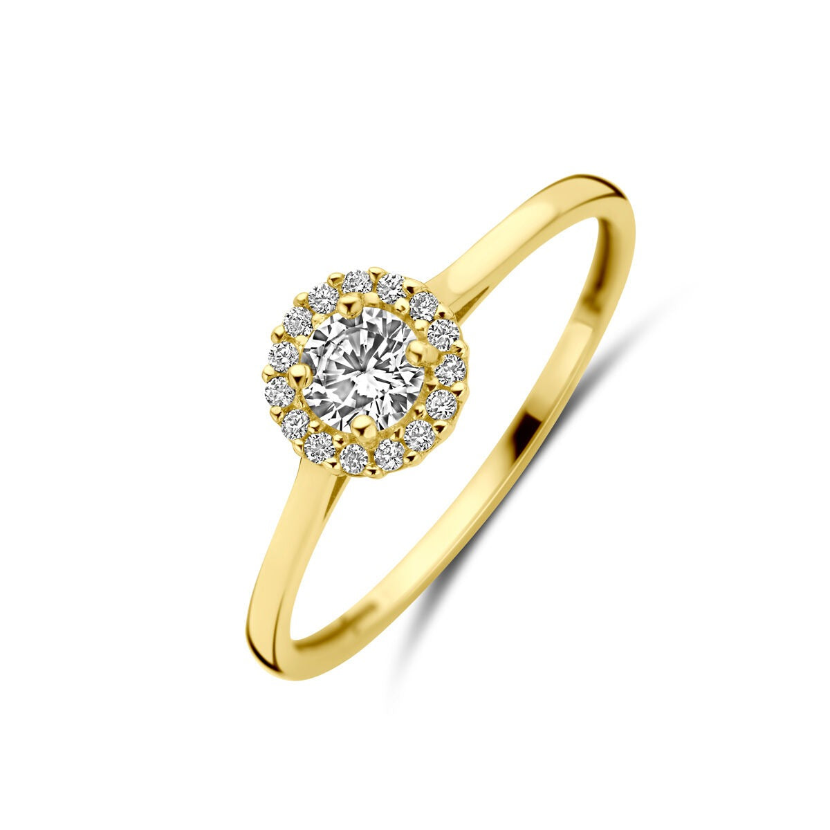 Anillo de dama de oro amarillo de 14k con circonitas en engaste de entourage.