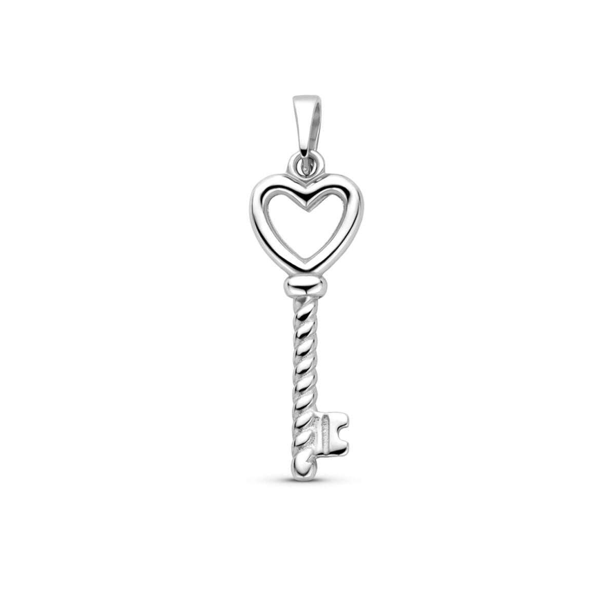 Colgante en forma de llave con un corazón, acabado en plata de ley rodiada.