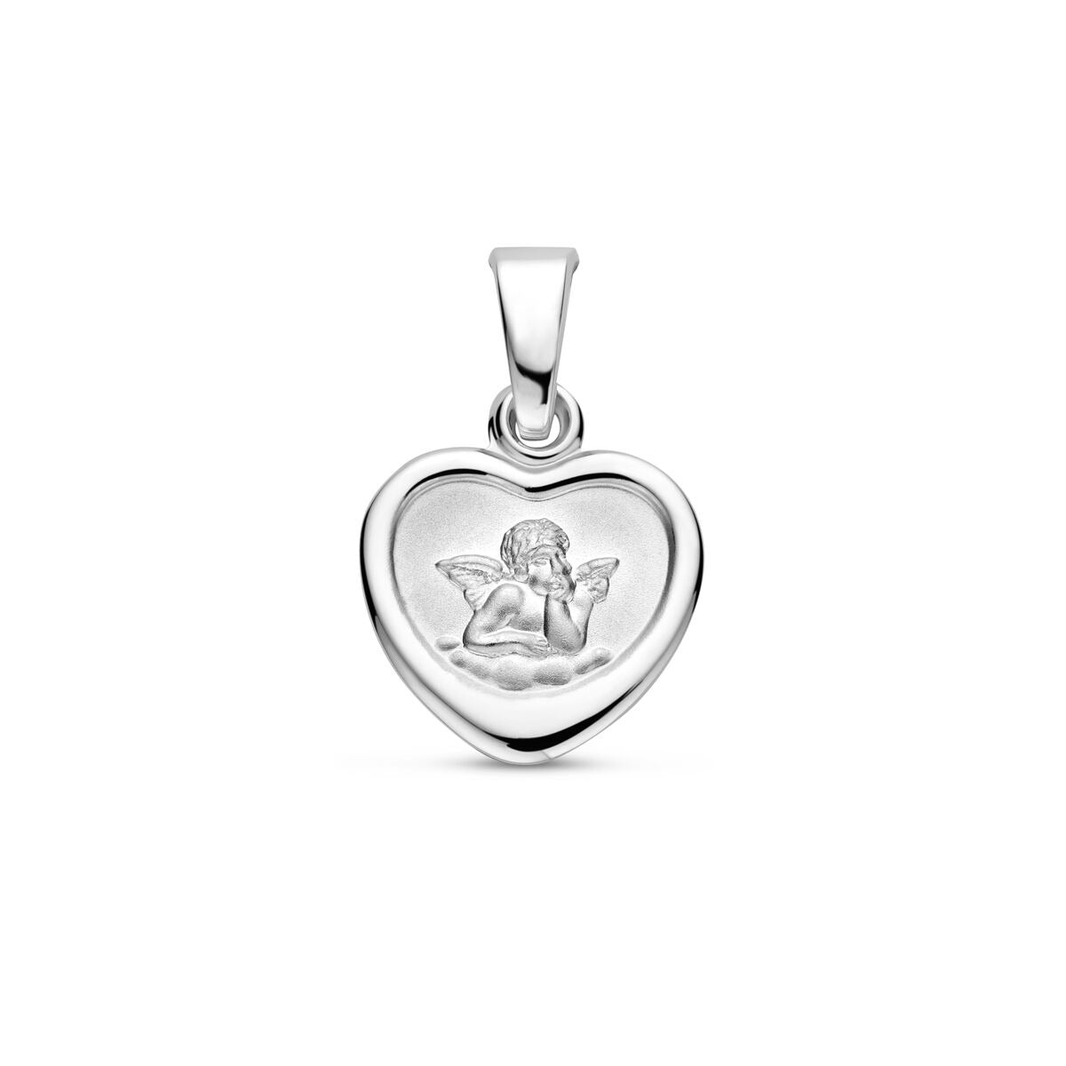 Colgante en forma de corazón de plata 925, con acabado pulido y mate, decorado con un ángel.