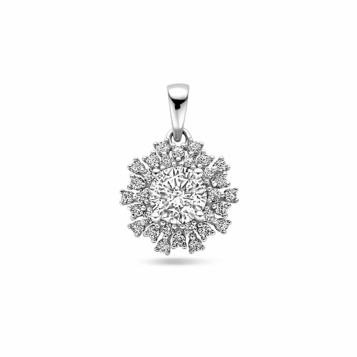 Colgante de plata rodiada con circonitas en un diseño de pavé, forma redonda y brillante.