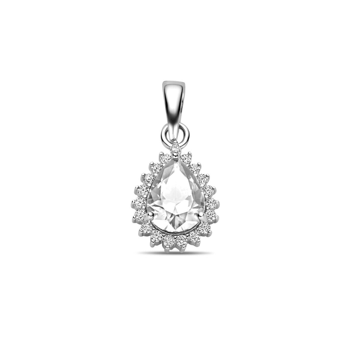 Colgante plateado en forma de pera con circonita y detalles brillantes alrededor.