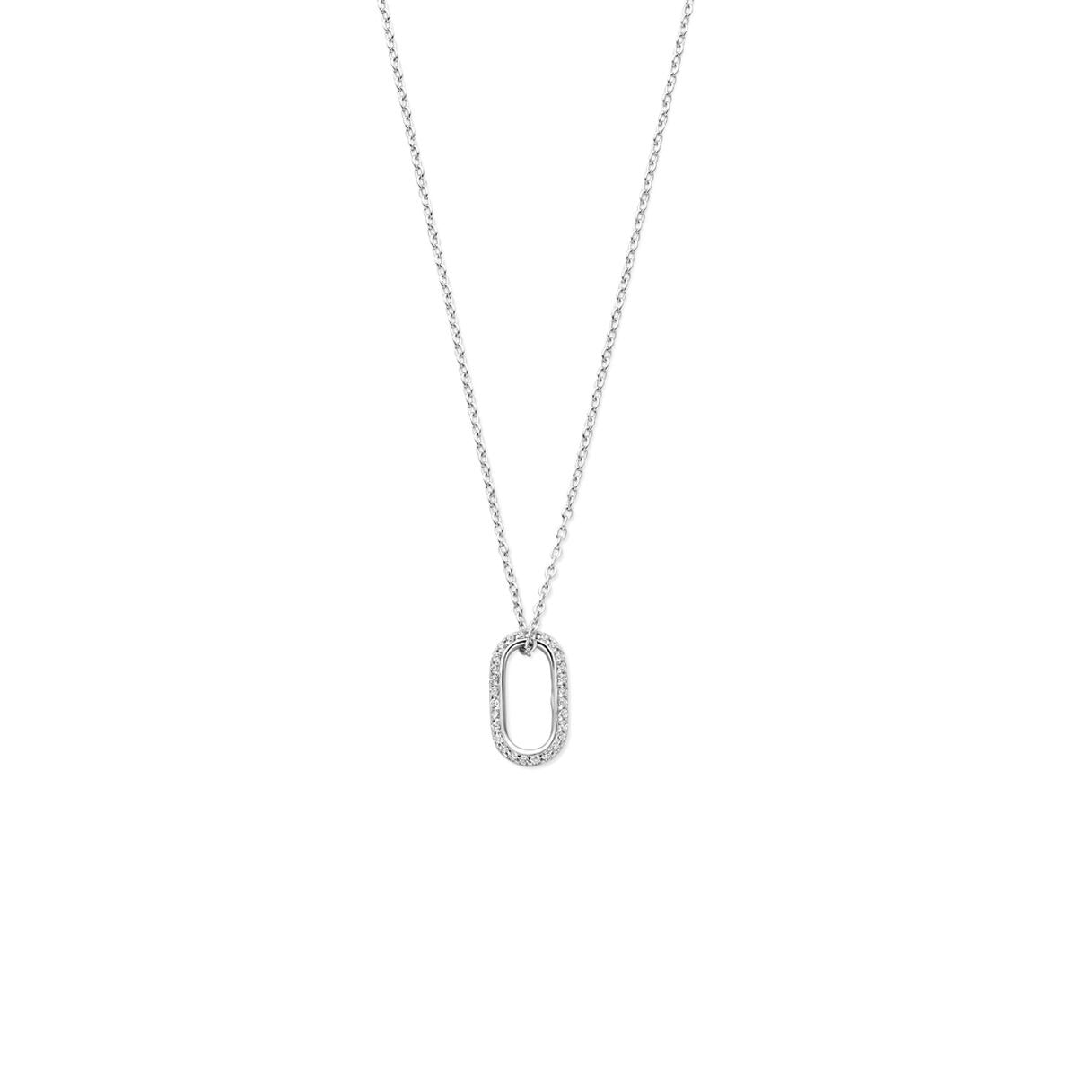 Collar de plata rodiada con colgante ovalado adornado con circonitas brillantes.