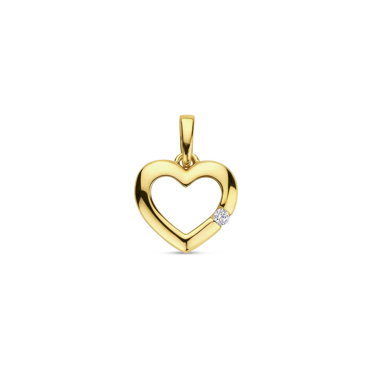 Colgante de corazón dorado con circonita, elaborado en oro de 14 quilates.