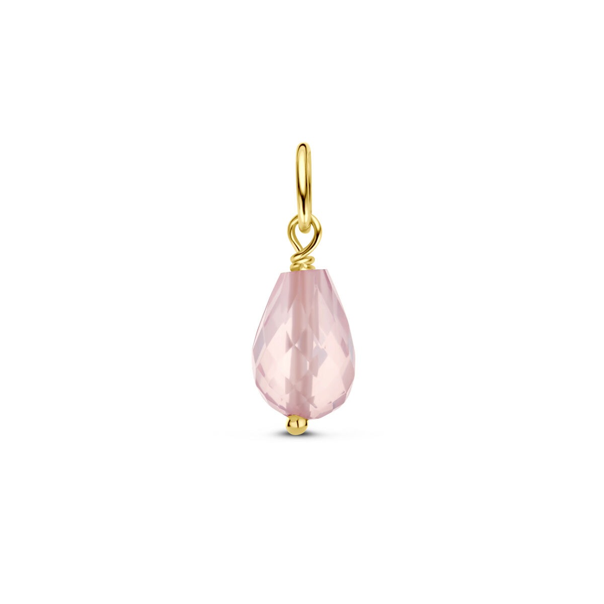 Colgante de oro amarillo de 14k con cuarzo rosa, tallado en forma de gota.