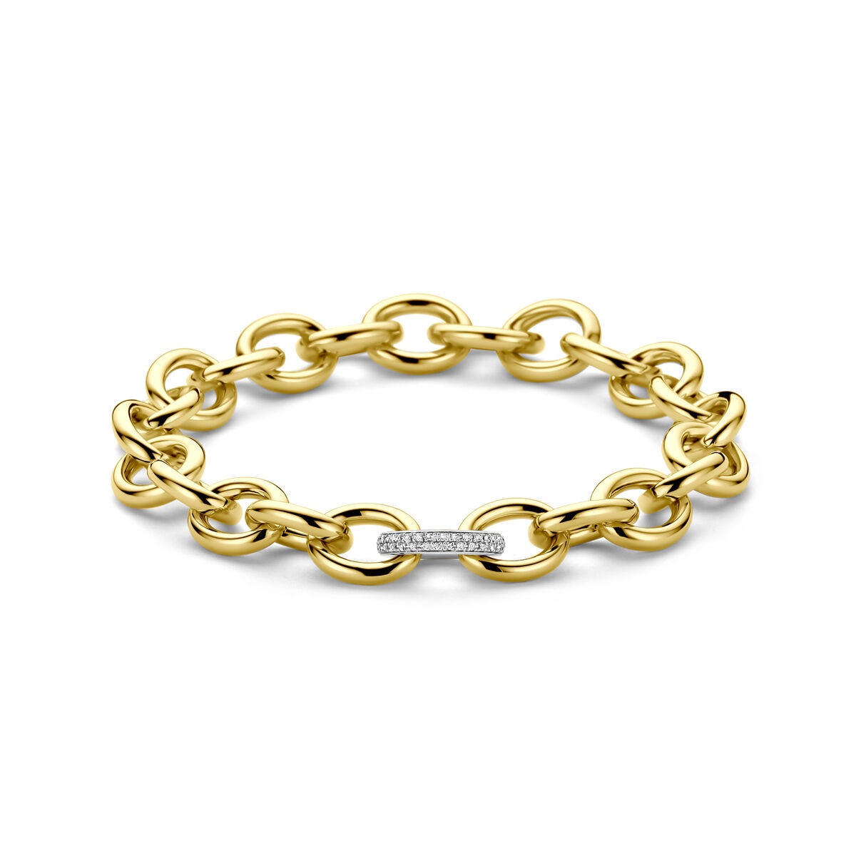 Pulsera bicolor de oro amarillo y blanco de 14k con un detalle de diamantes.