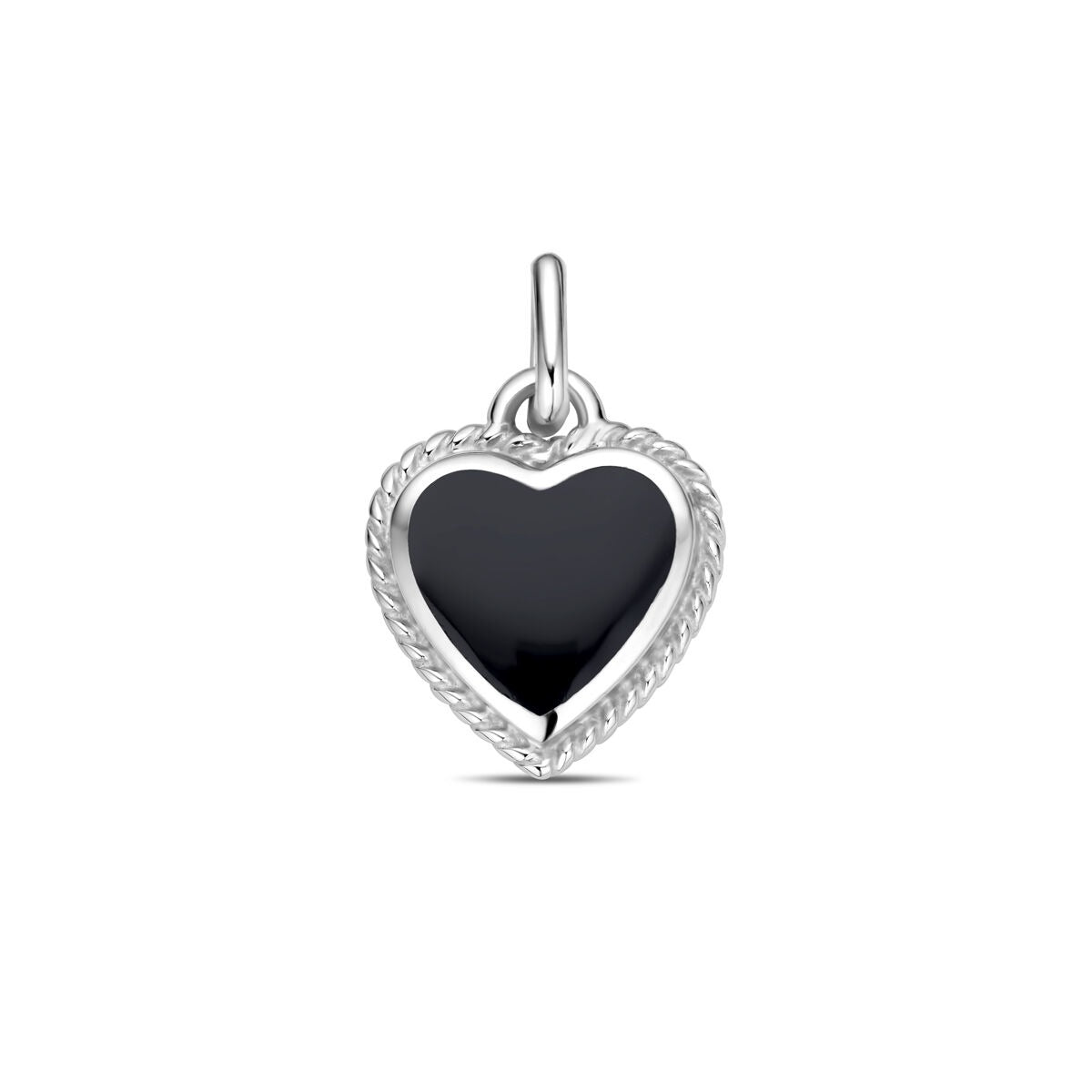 Colgante de plata rodiada con forma de corazón y ónix negro de 20.5 mm.