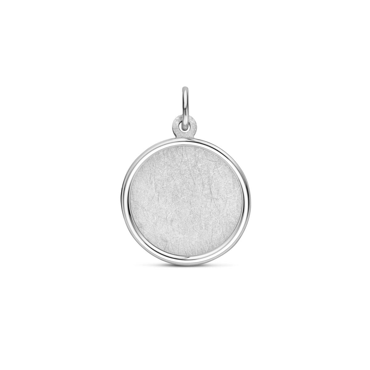 Colgante de plata de ley 925, con acabado mate y pulido, de forma circular y con un efecto de rodio.