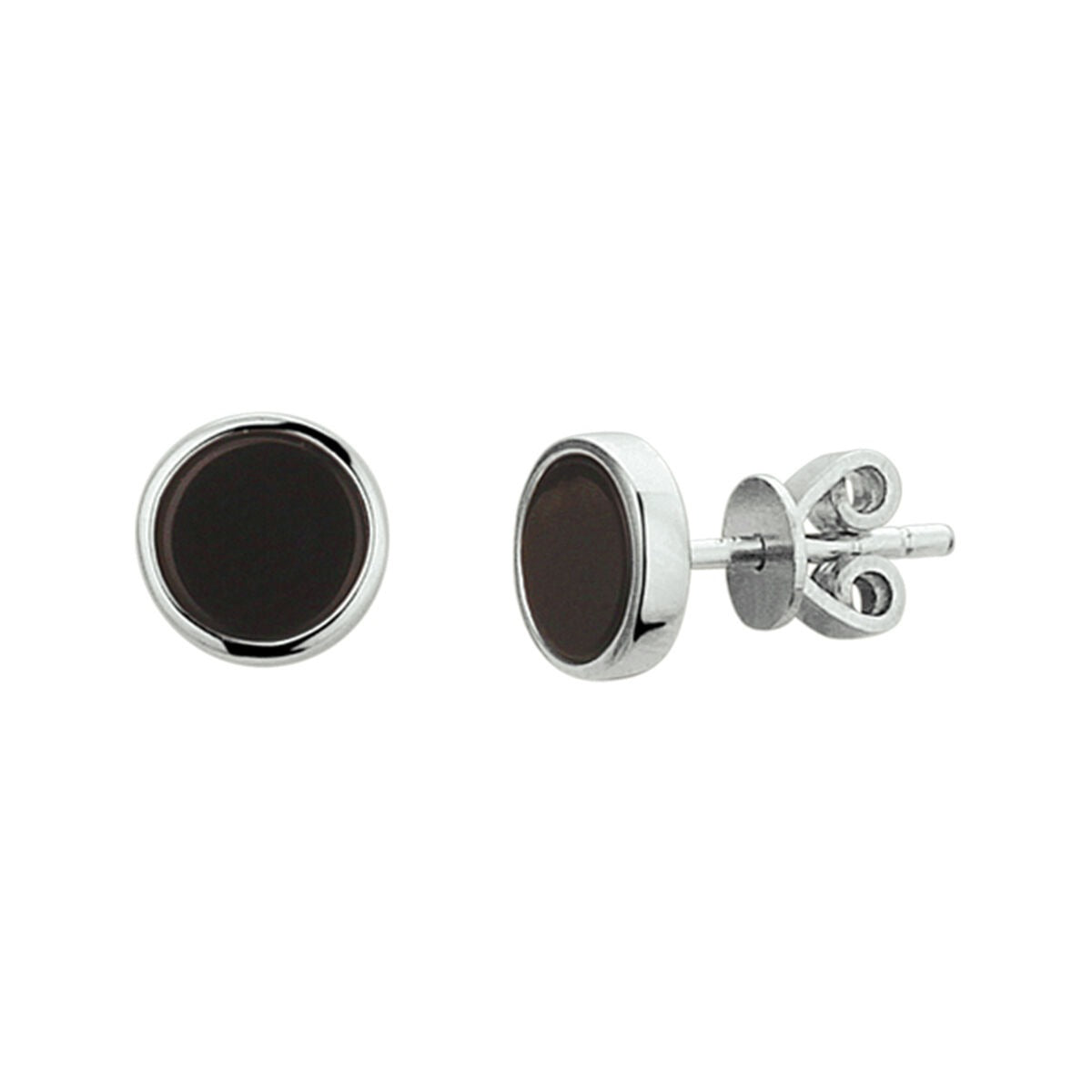 Pendientes de onyx con base de plata rodiada 925, de forma redonda y acabado brillante.