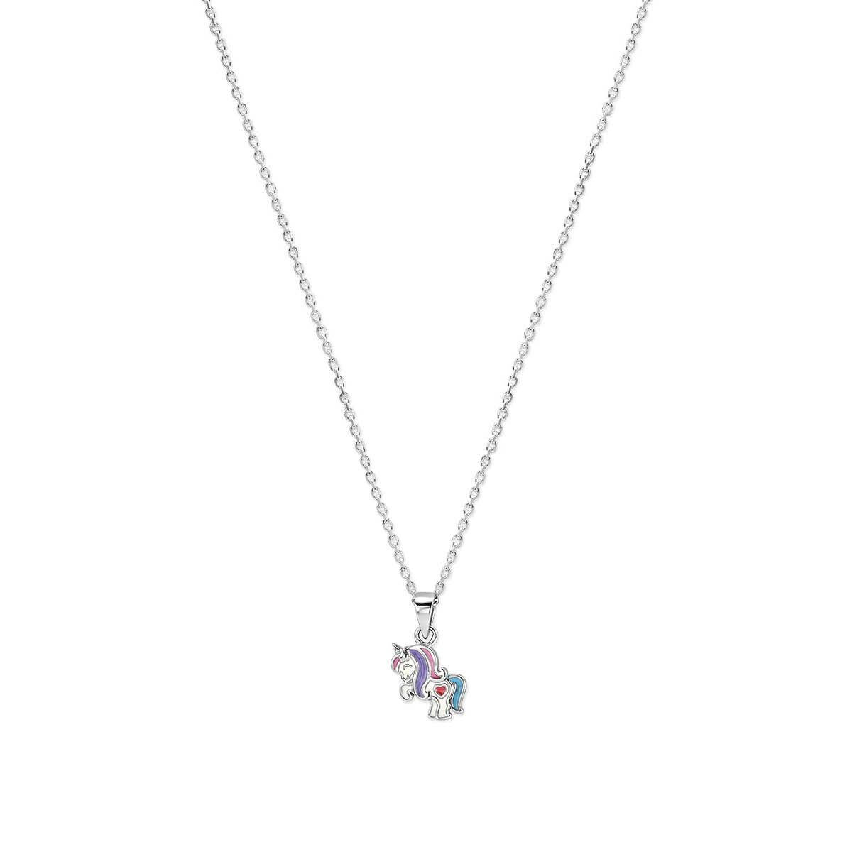 Collar de plata rodiada con colgante de unicornio en colores.