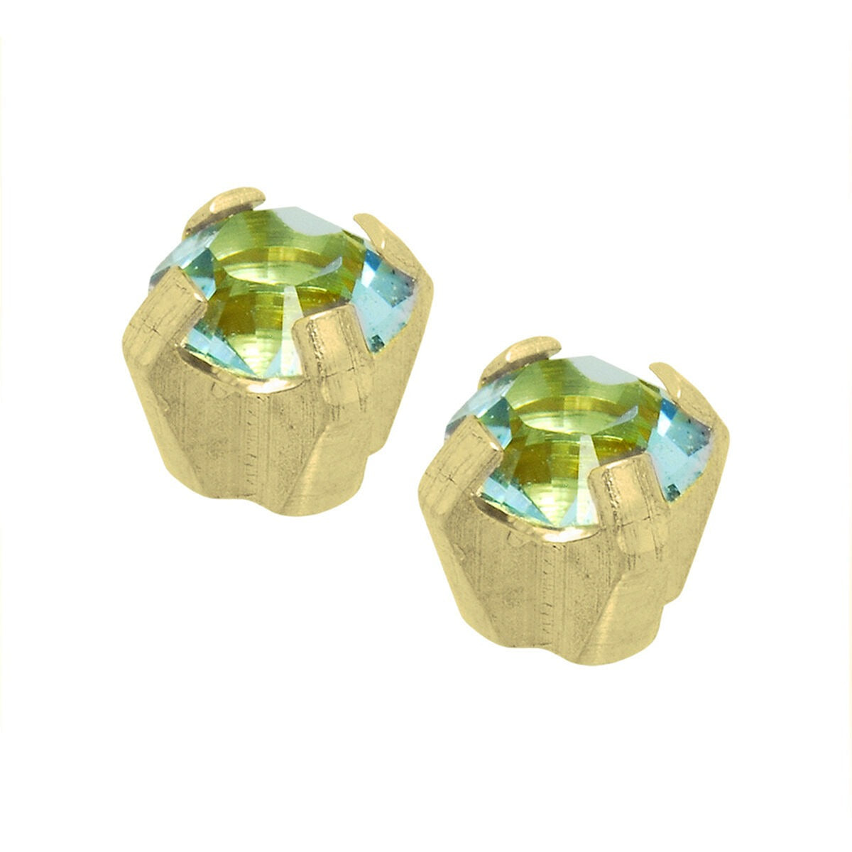 Pendientes de primera puesta con zircón azul, engaste dorado y diseño de botón.