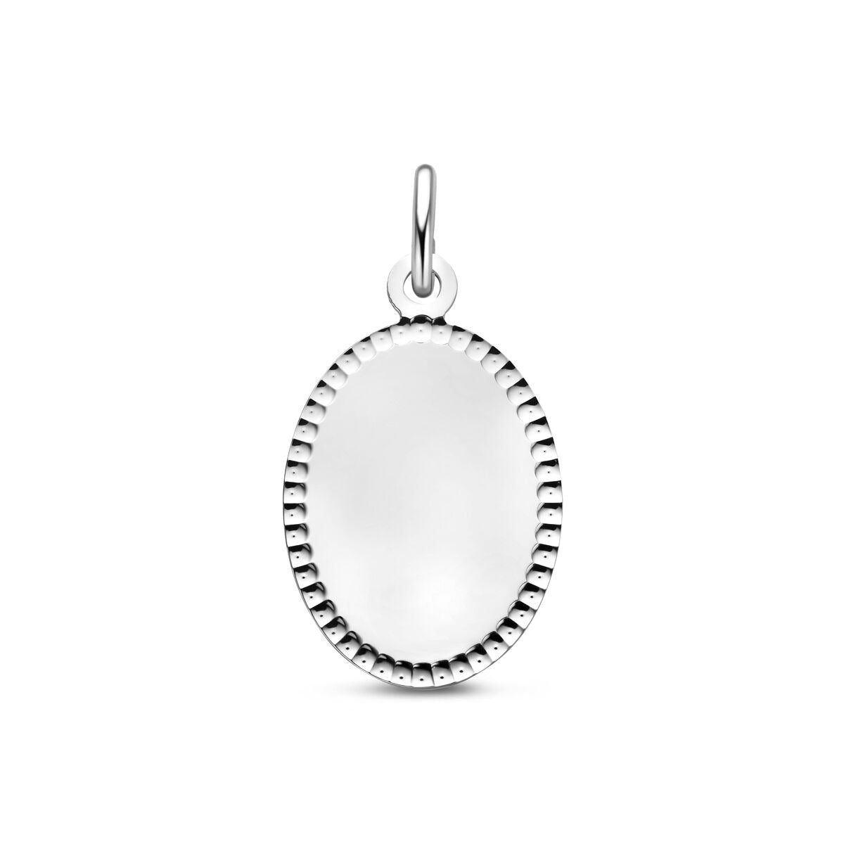 Colgante ovalado de plata de ley 925, rodiado, con borde estriado, de 26 mm.