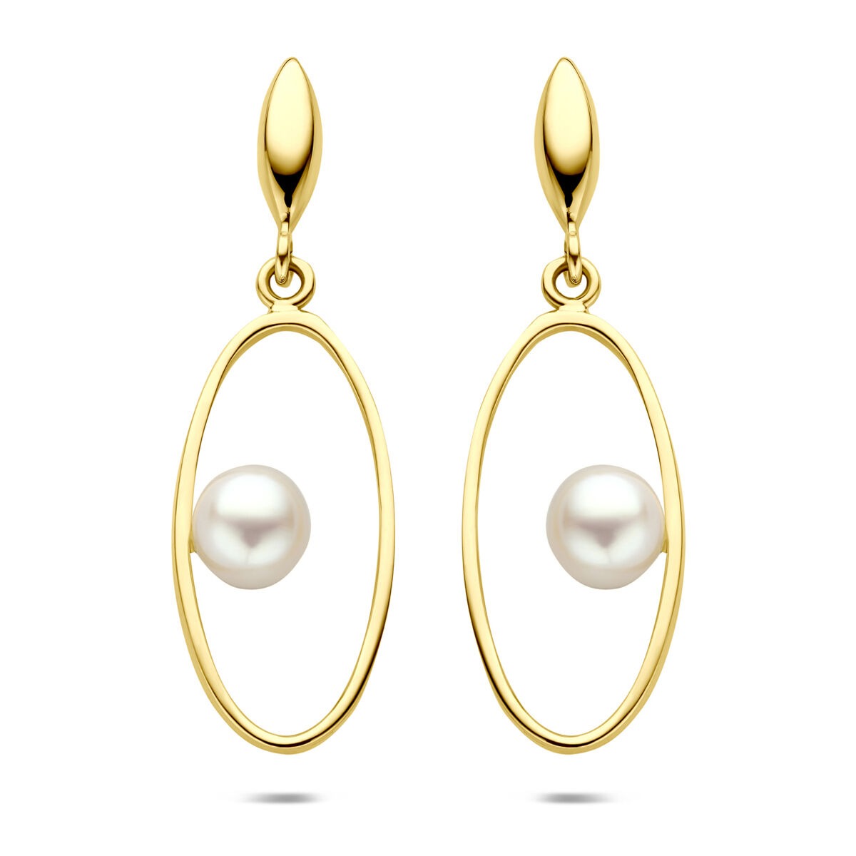 Pendientes largos de oro amarillo de 14k con perla, forma ovalada de 32 mm.