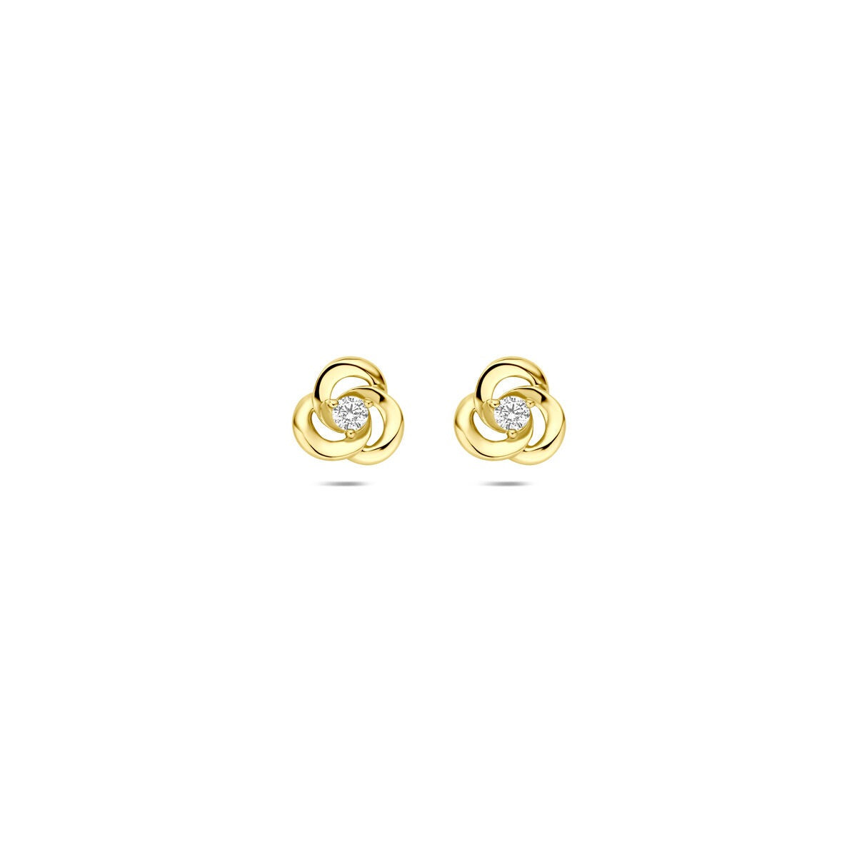 Pendientes de oro amarillo de 14k con zircón, diseño de flor y engaste solitario.