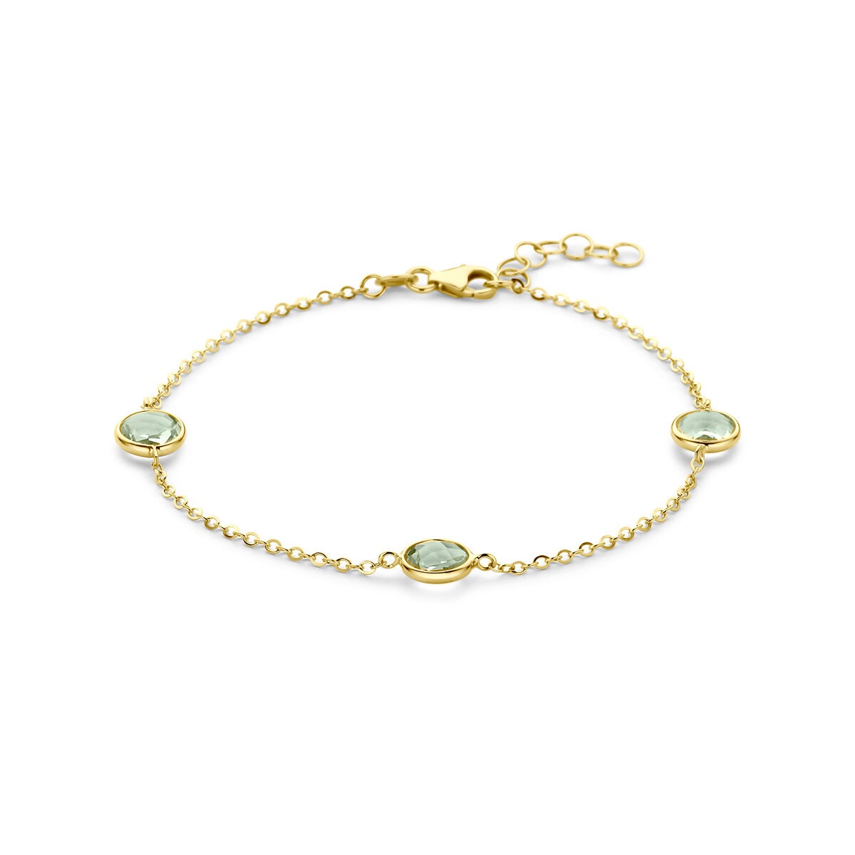 Pulsera de oro amarillo de 14k con tres piedras de amatista verde en engaste.