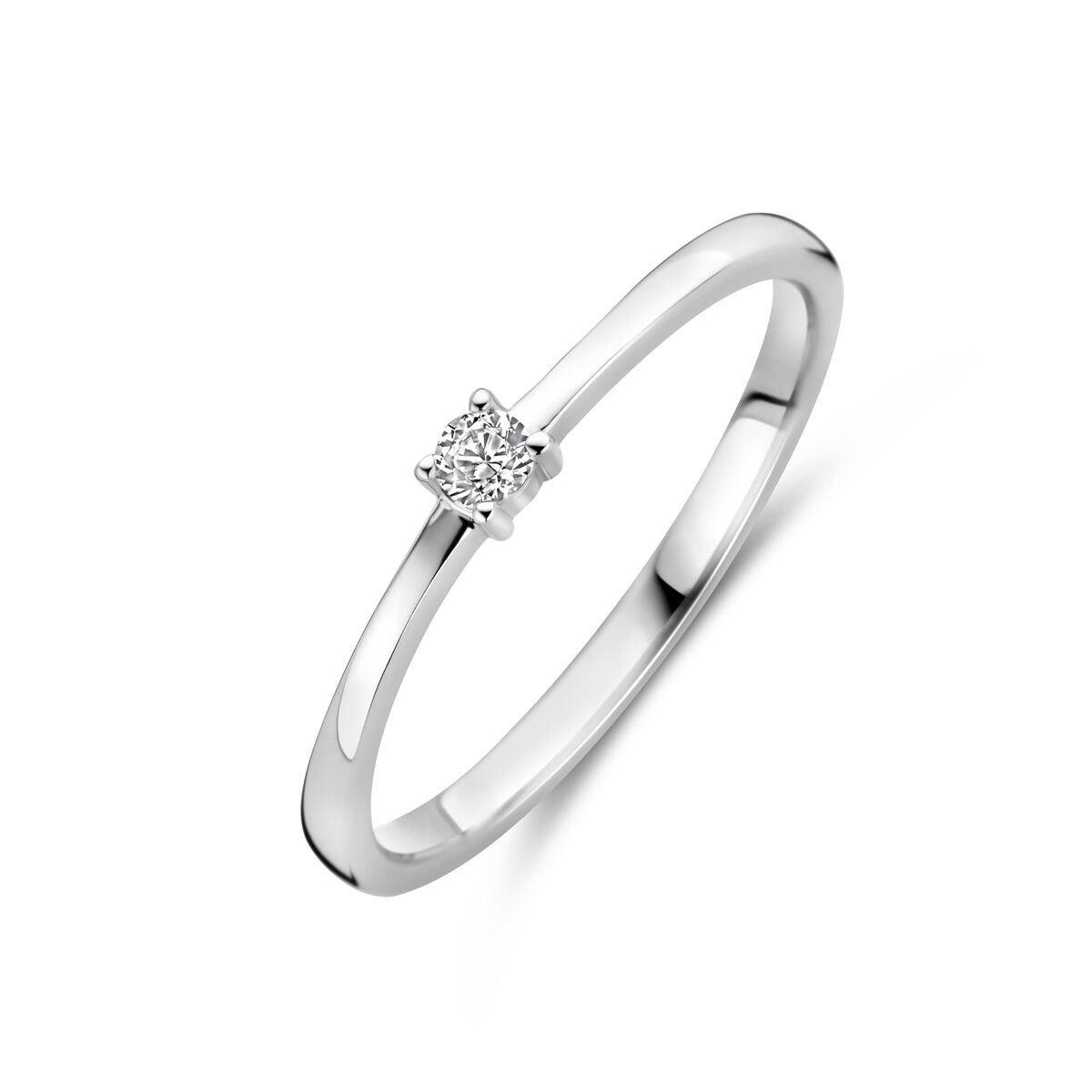 Zilveren damesring van gerhodineerd 925 zilver met een briljant geslepen zirkonia in de zetting.