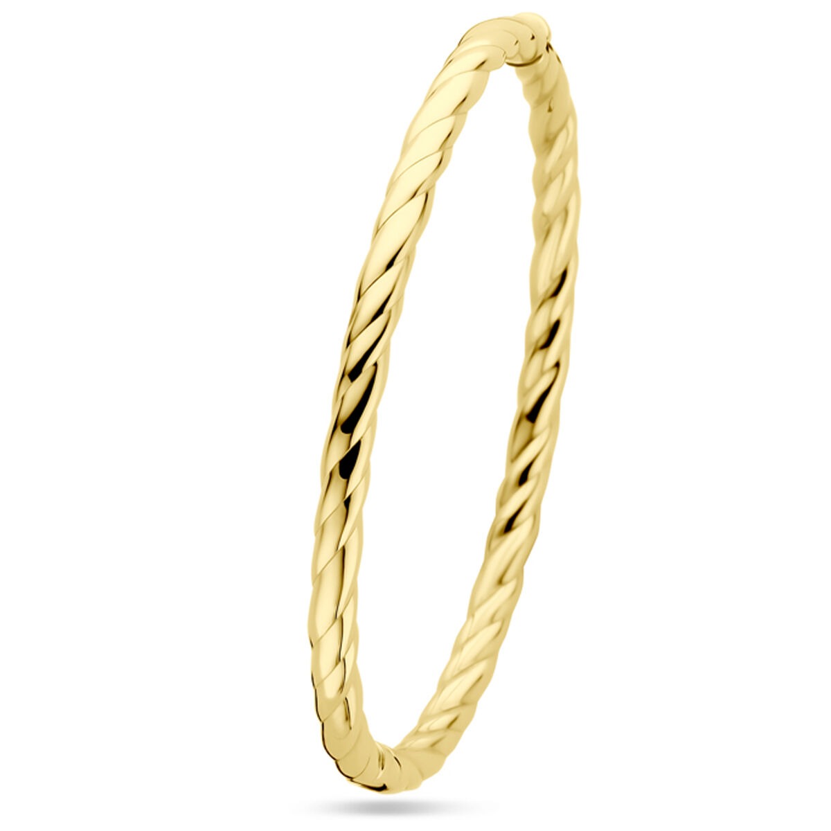 Brazalete de oro amarillo de 14k con diseño trenzado, 4 mm de ancho y diámetro de 60 mm.