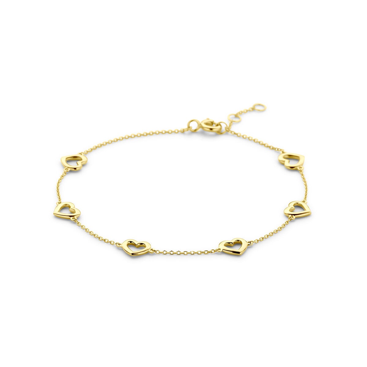 Pulsera ajustable de oro amarillo de 14k con corazones entrelazados.