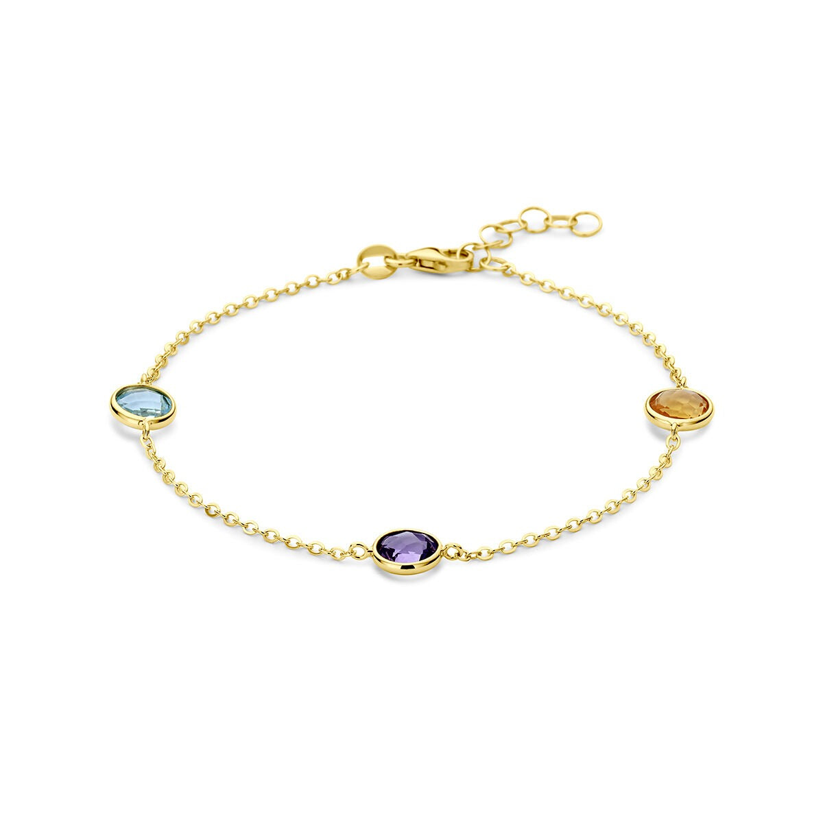 Pulsera de oro amarillo de 14k con citrino, amatista y topacio en engastes redondos.