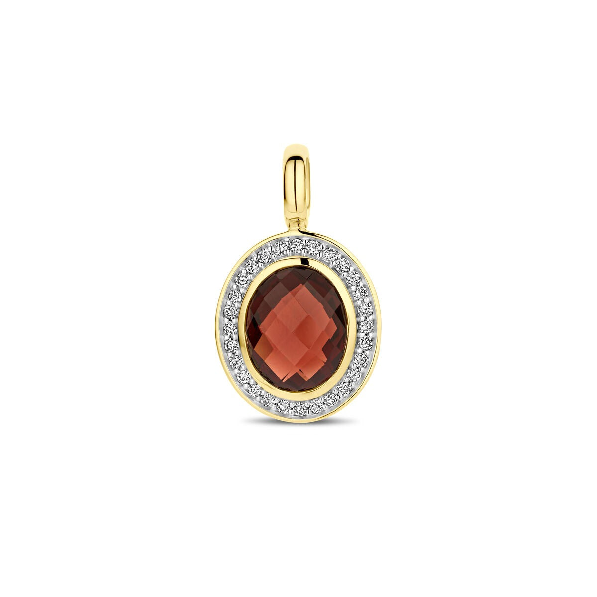 Colgante dorado de 14k con granate en el centro y diamantes alrededor.