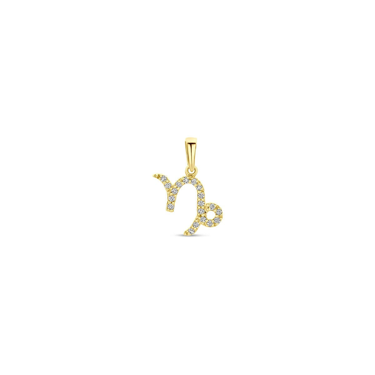 Colgante de oro amarillo de 14k con forma de signo zodiacal y diamantes brillantes.