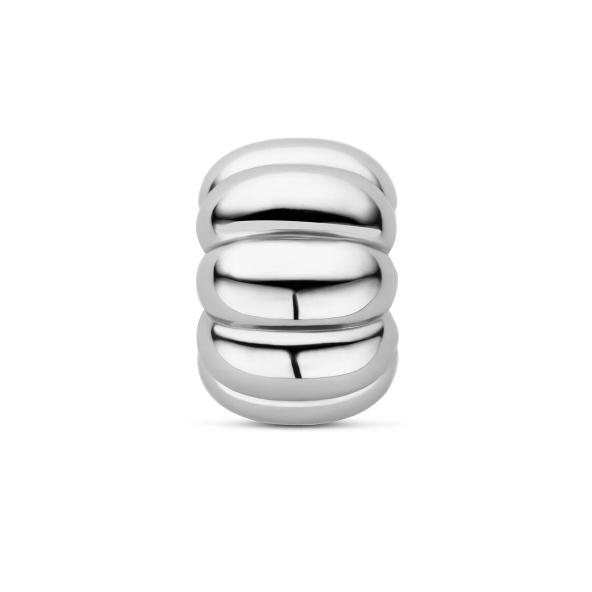 Rondel de plata 925 con acabado rodiado, de forma redonda y pulida, con tres secciones.