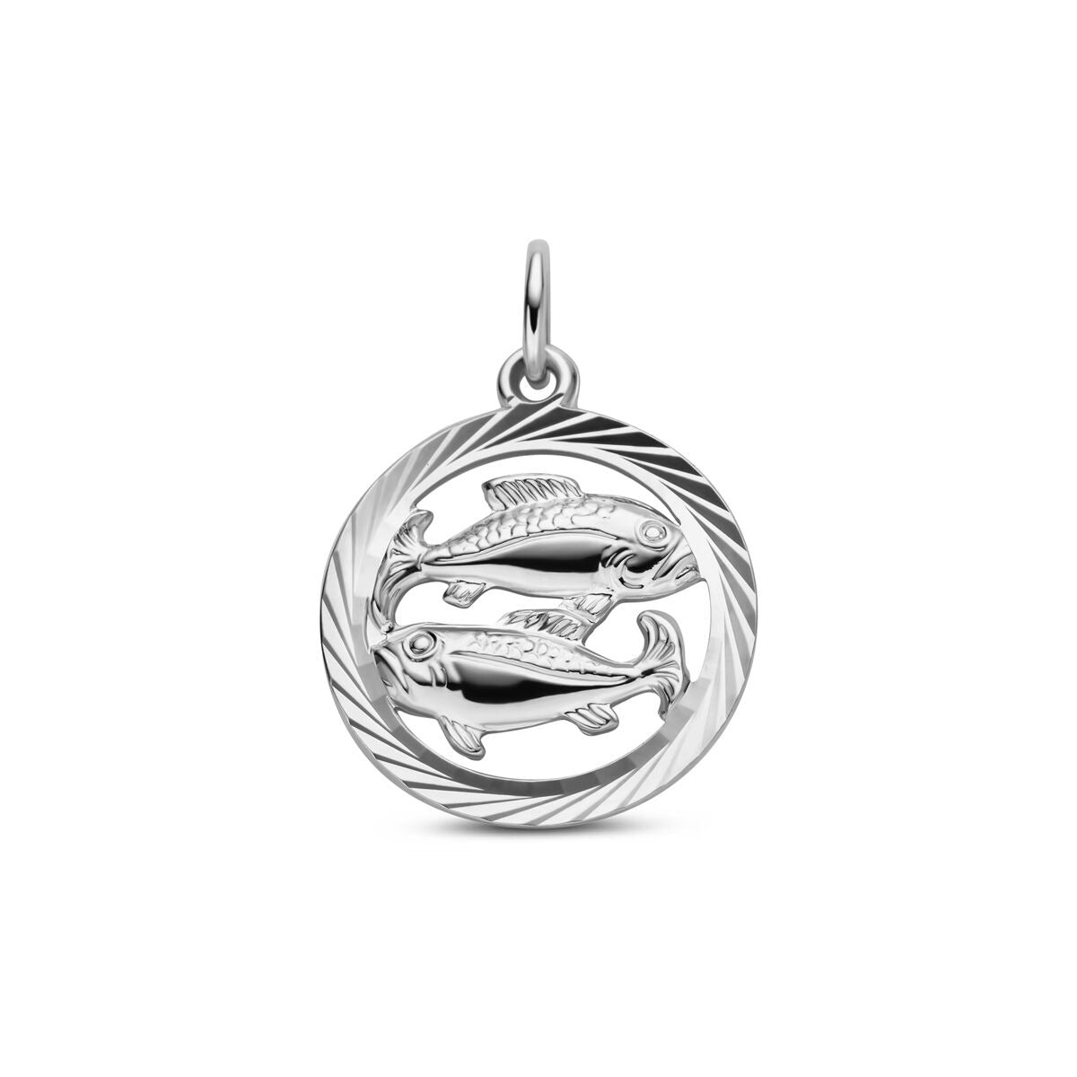 Colgante de plata de ley con diseño de dos peces en relieve y borde trenzado.