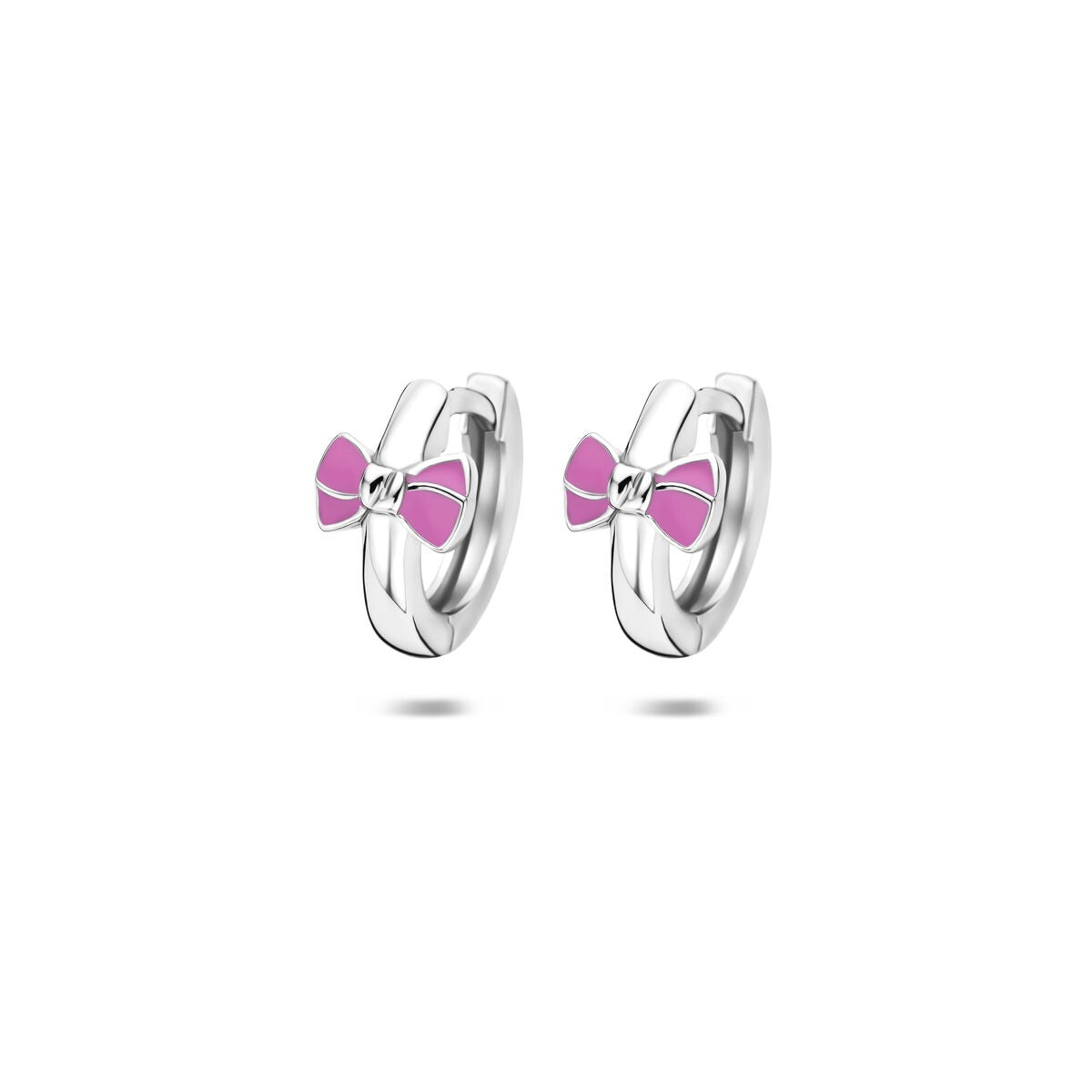 Pendientes de aro plateados para niña con un lazo rosa, acabado en rodio y fabricados en 925.