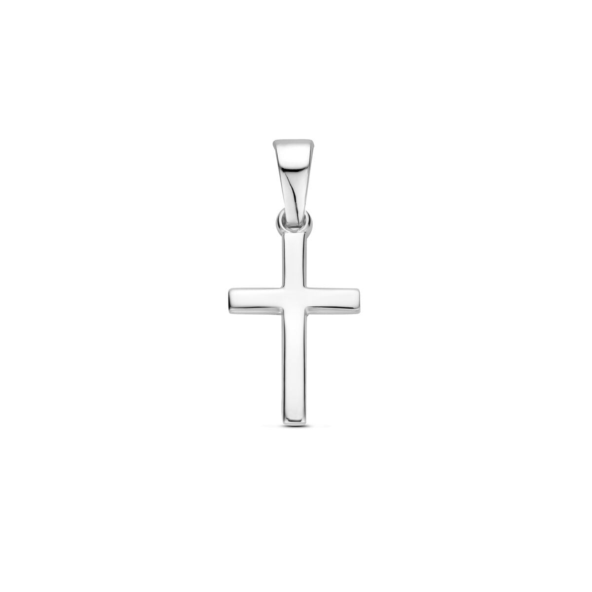 Colgante de cruz de plata rhodium, diseño sencillo y acabado brillante.