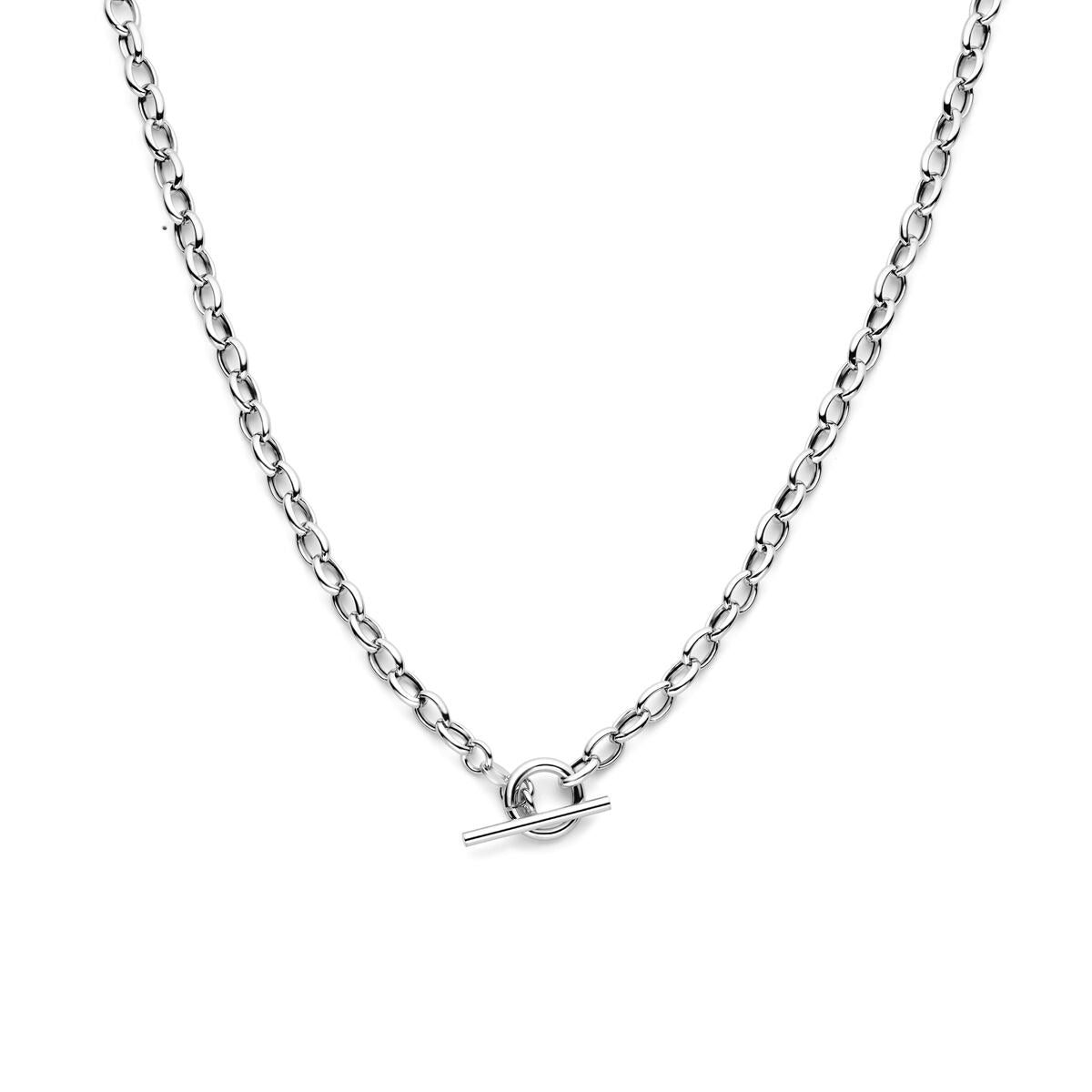 Collar de mujer de plata, con acabado rodiado, cadena de ancla y cierre de tipo capitán.