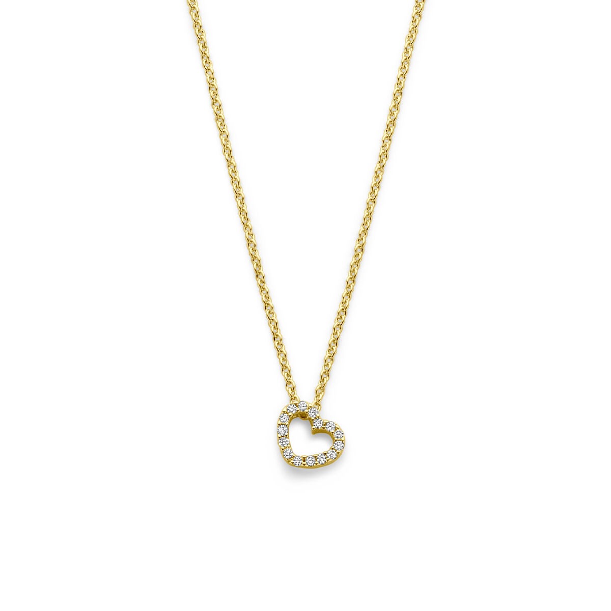 Collar de oro amarillo de 14k con colgante en forma de corazón y diamantes.