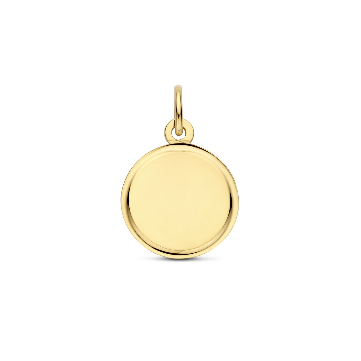 Colgante de oro amarillo de 14k, de forma redonda y acabado pulido, en tamaño pequeño.