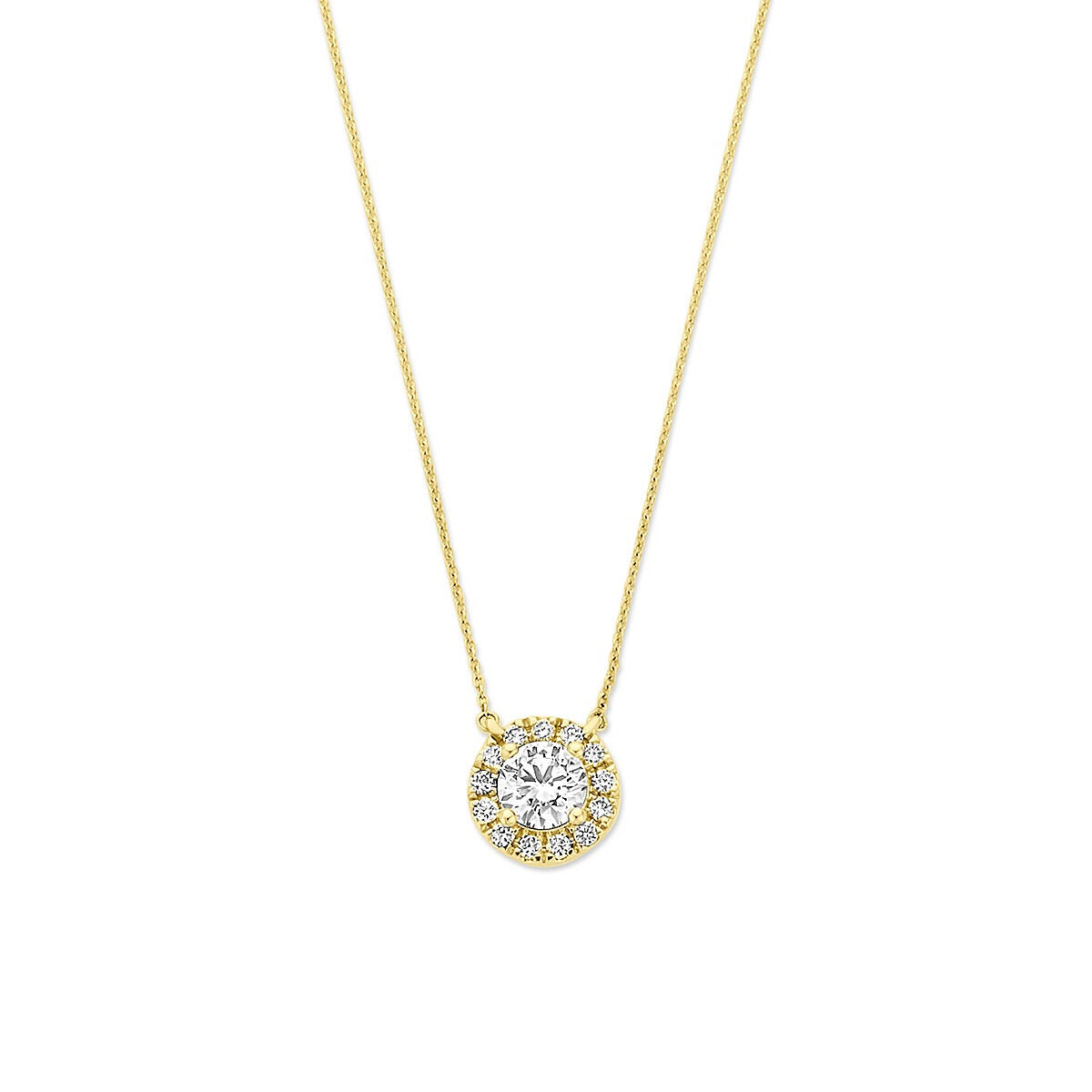 Cadena de oro de 14k con un colgante de diamante cultivado en laboratorio rodeado de pequeñas piedras.