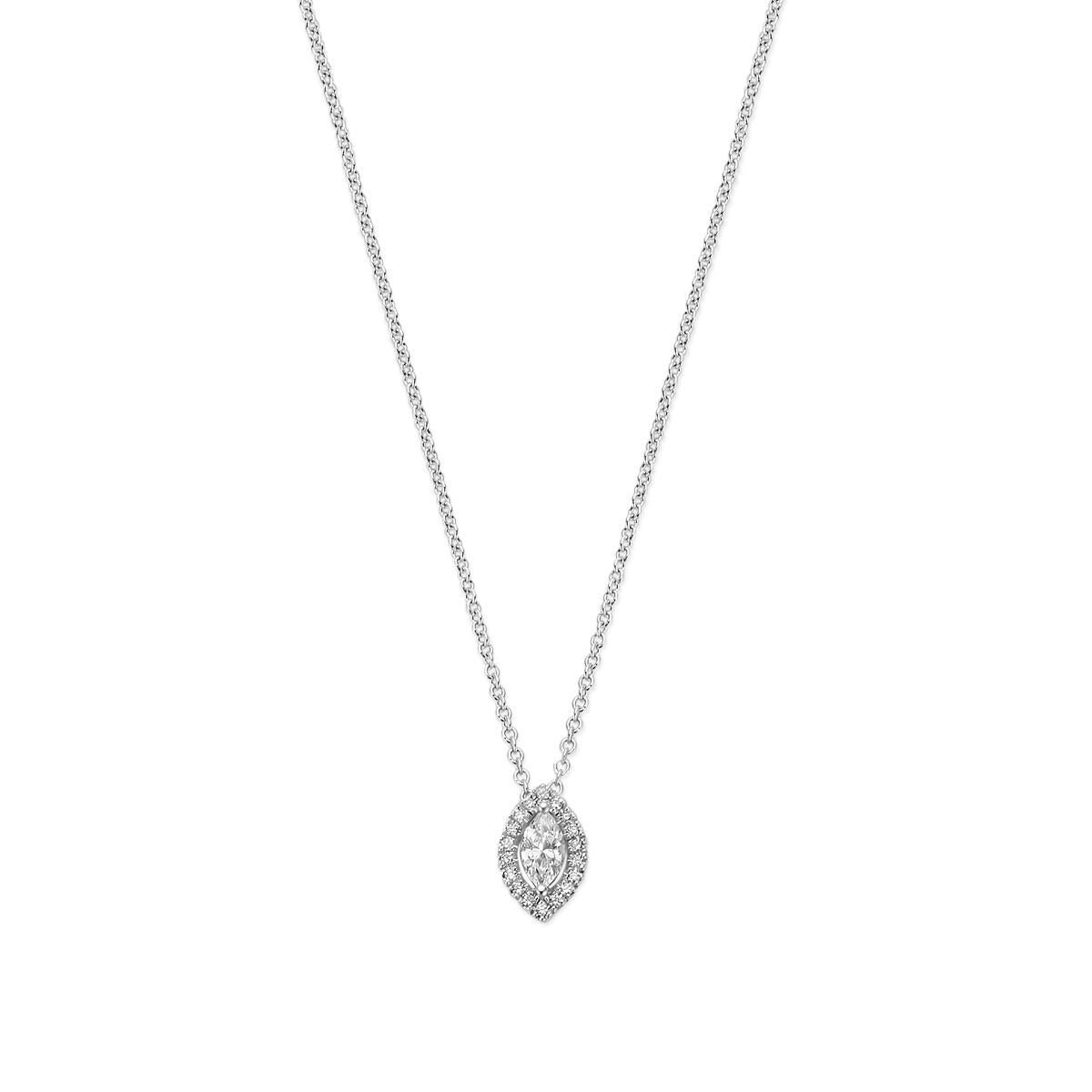 Collar de oro blanco de 14k con colgante en forma de lágrima adornado con diamantes.