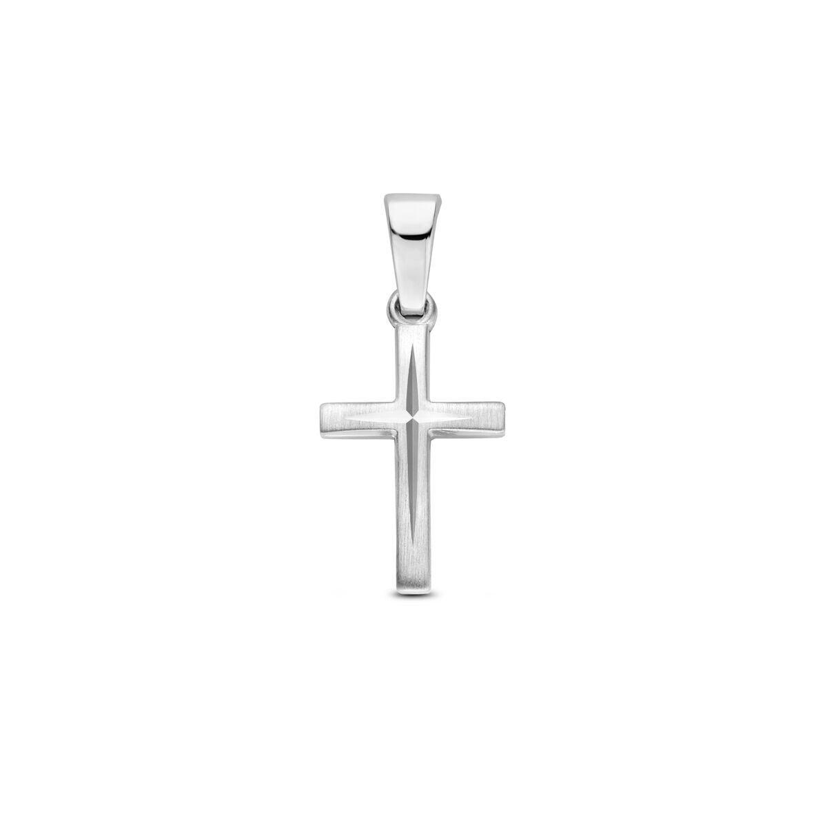 Colgante de cruz en plata de ley 925, con acabado rodiado y diseño sencillo.