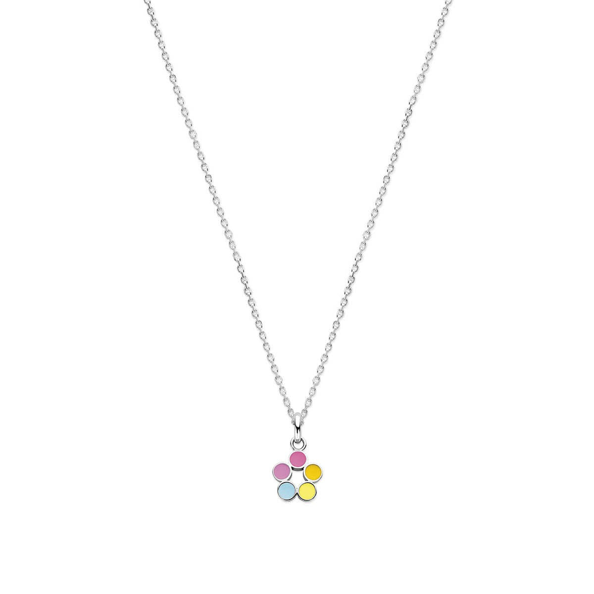 Collar de plata rhodium con colgante de formas redondas en colores pastel.