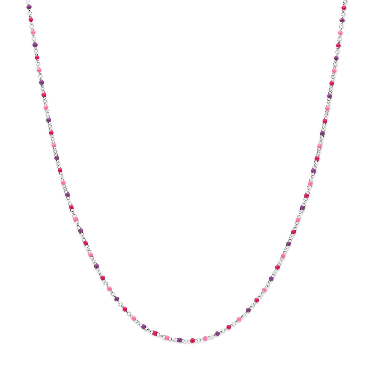 Collar infantil de plata rodiada con bolitas de esmalte en colores rosa y morado, de 36-40 cm.