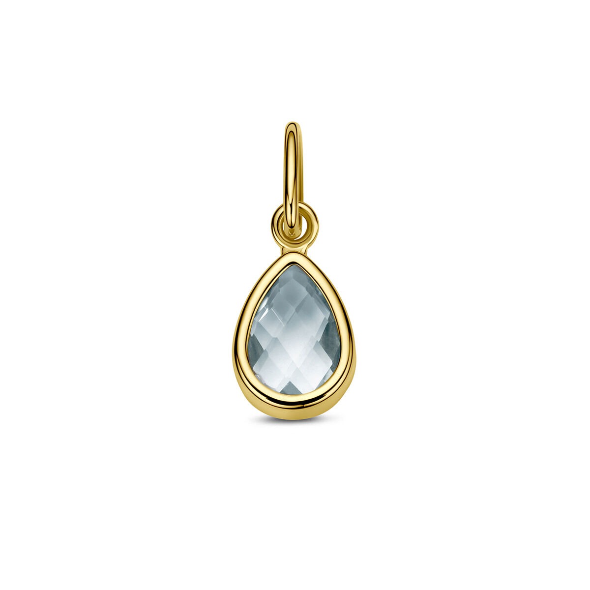 Colgante de oro amarillo de 14k con topacio azul en forma de gota.