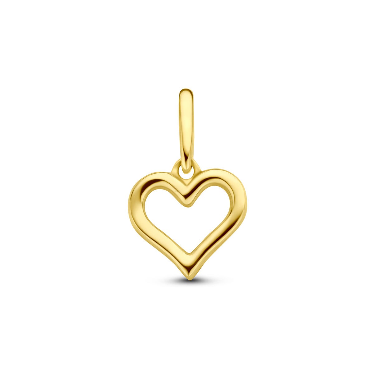Colgante de corazón en oro amarillo de 14k, con diseño abierto y suave acabado.