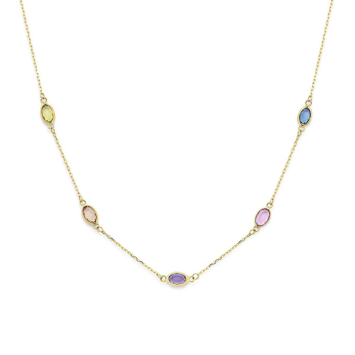 Geelgouden collier met vijf ovale, synthetische edelstenen in verschillende kleuren.