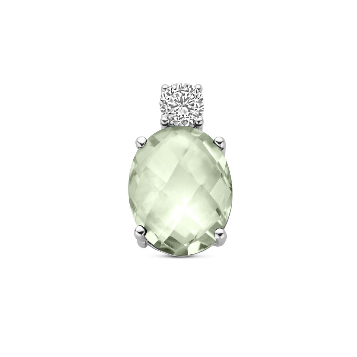 Colgante de plata con amatista verde y circonitas, acabado en rodio, de 13 x 8 mm.