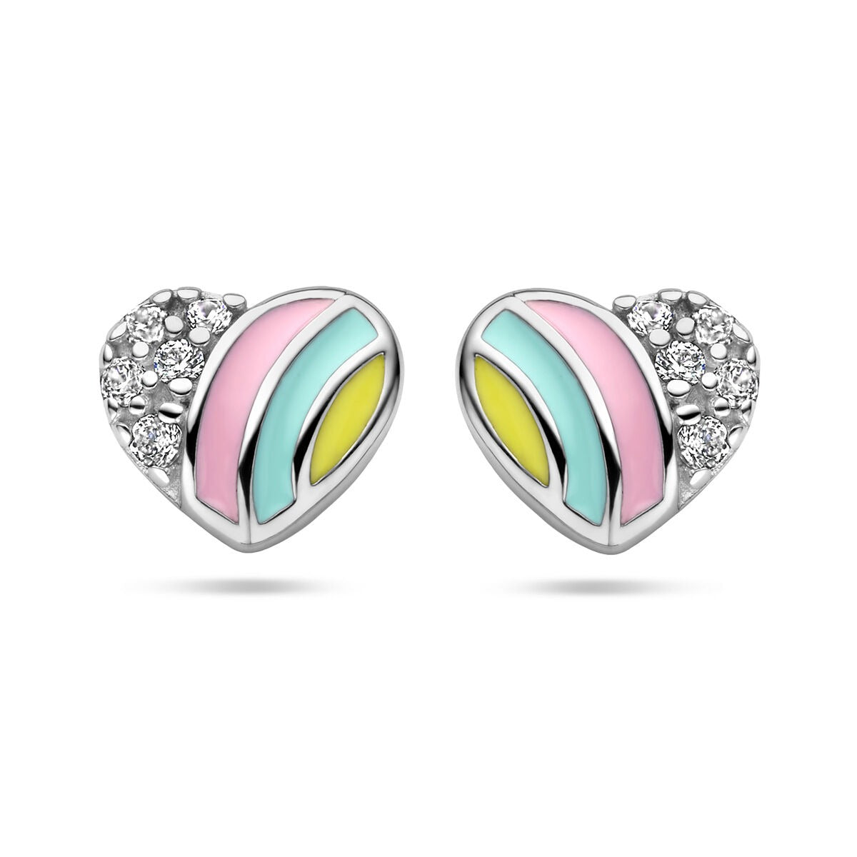 Pendientes de corazón de plata 925 con zircón y detalles en colores pastel.