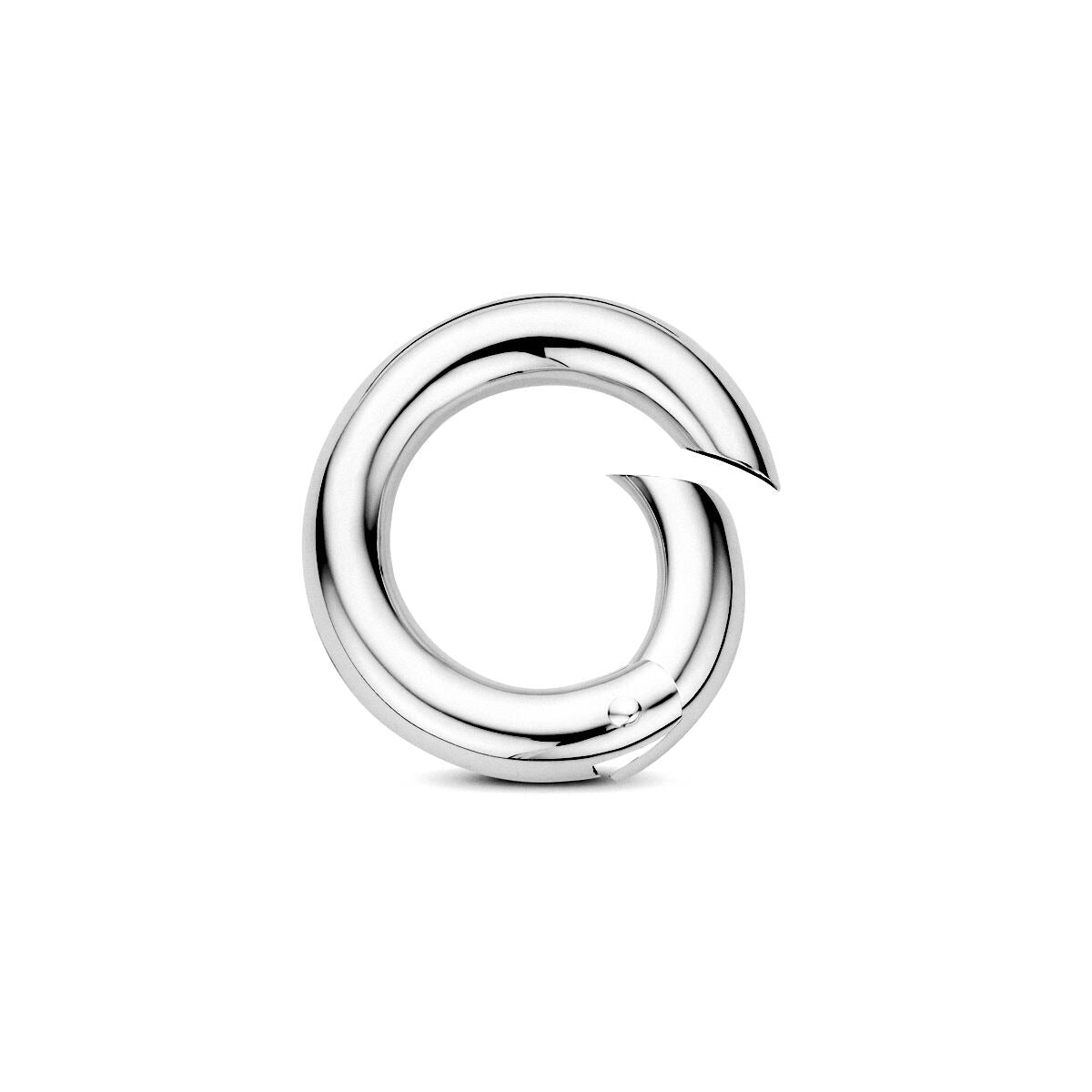 Conector de plata 925 con acabado rodiado, de forma circular y brillante.