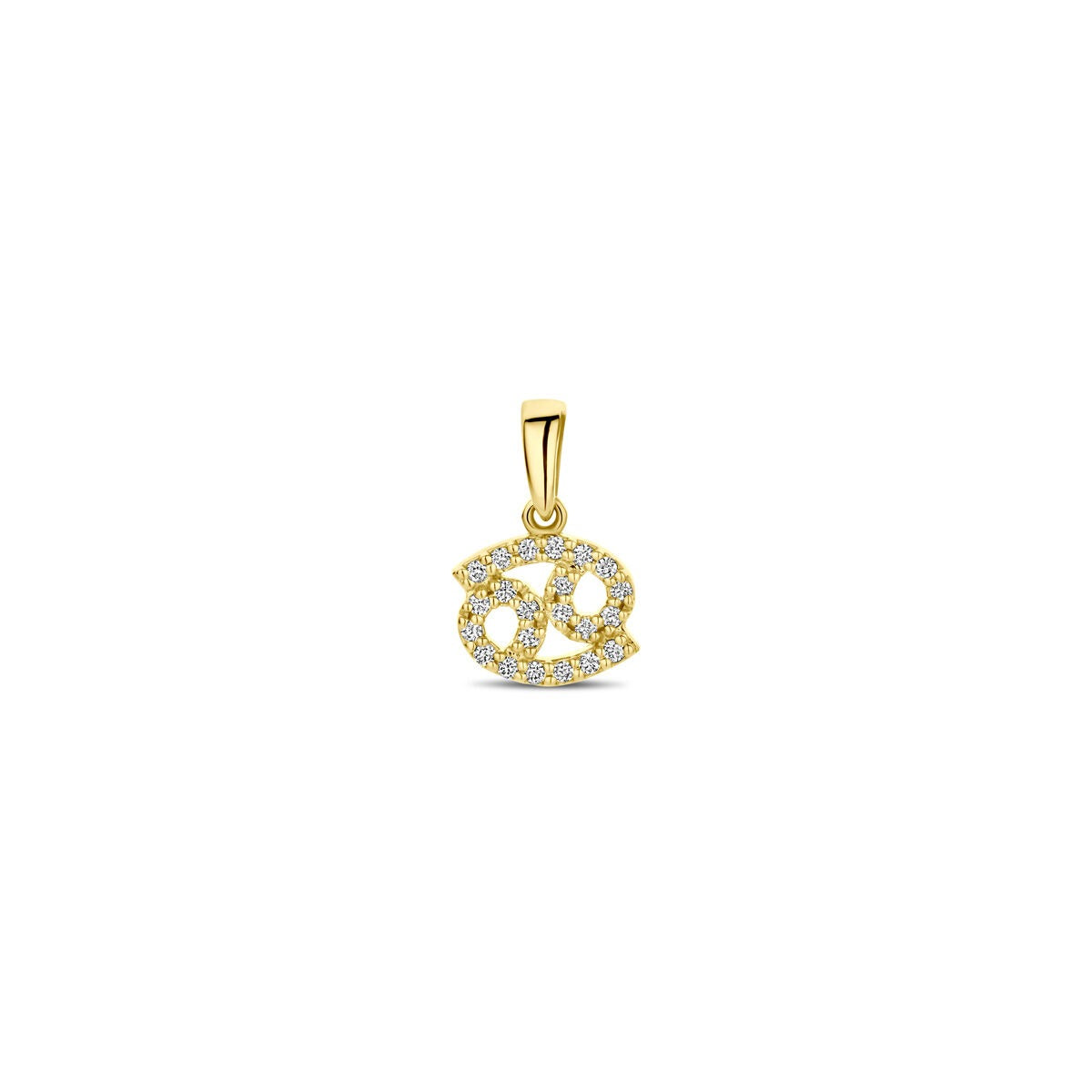 Colgante de oro amarillo de 14k con diseño de signo zodiacal y diamantes brillantes.
