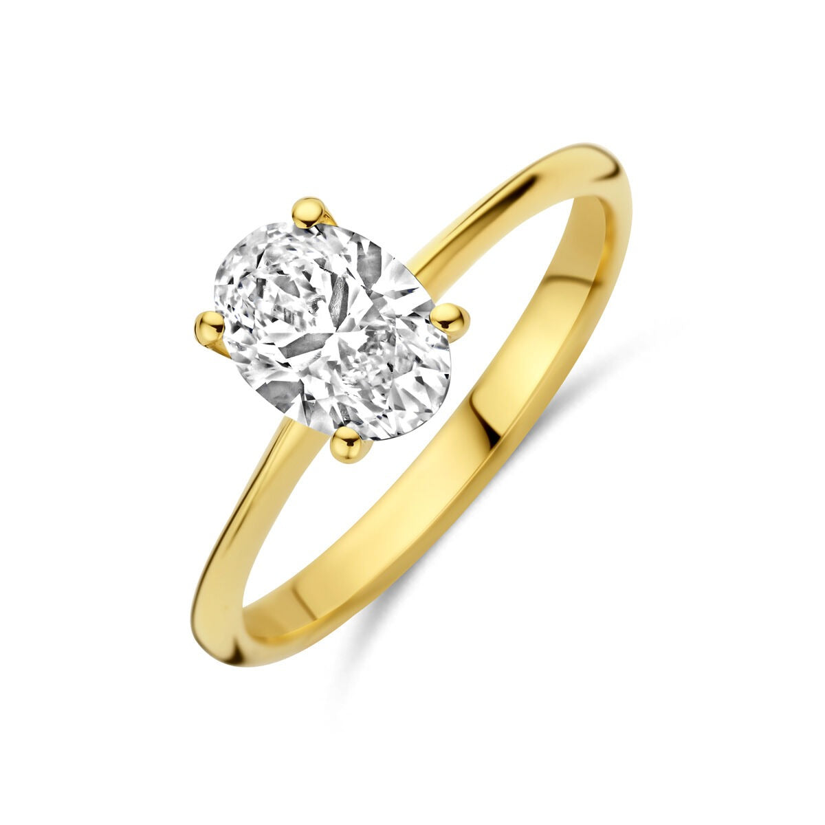 Anillo de dama en oro amarillo de 14k con diamante lab-grown ovalado.