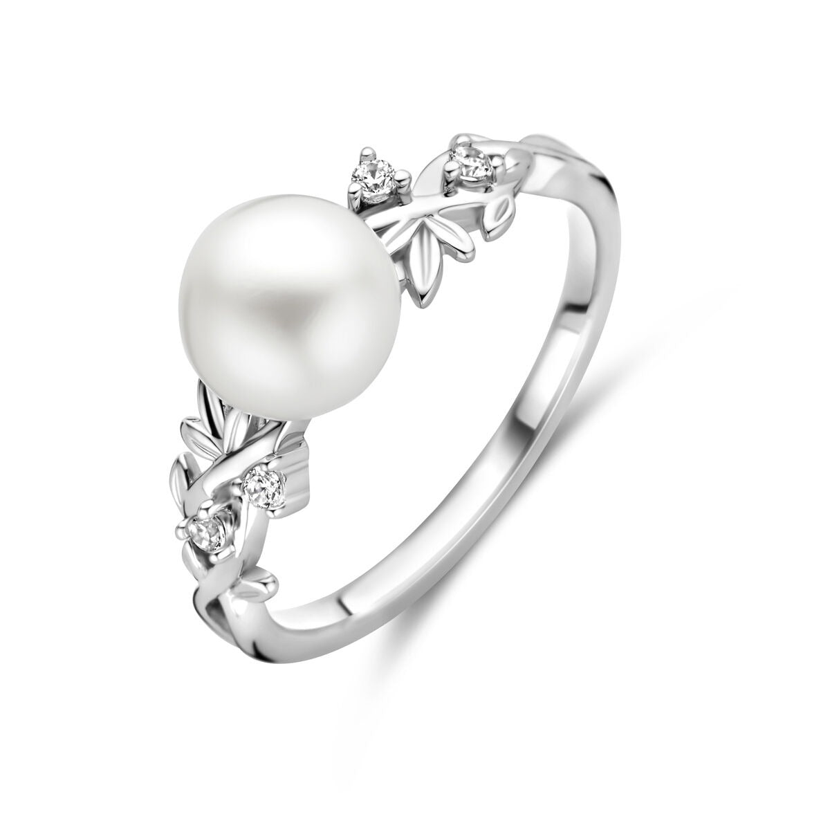 Anillo de plata rodiada 925 con perla de agua dulce y zirconitas brillantes.