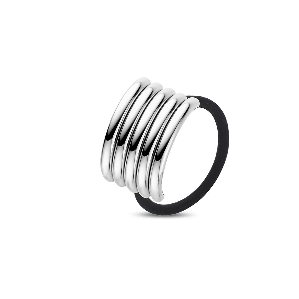 Cuff de cabello de acero plateado con cuatro bandas brillantes y diseño moderno.
