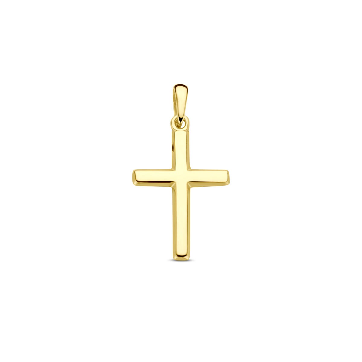 Colgante de cruz en oro amarillo de 14k, dimensiones 17 x 12 mm, acabado pulido.